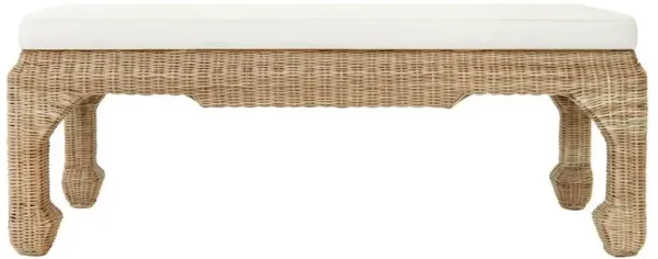 Worlds Away Massey Coastal White Linen Cushion Brown Woven Rattan Entryway Bench