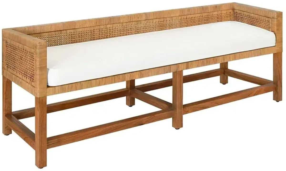 Worlds Away Monterey Coastal White Linen Woven Cane Natural Rattan Bench