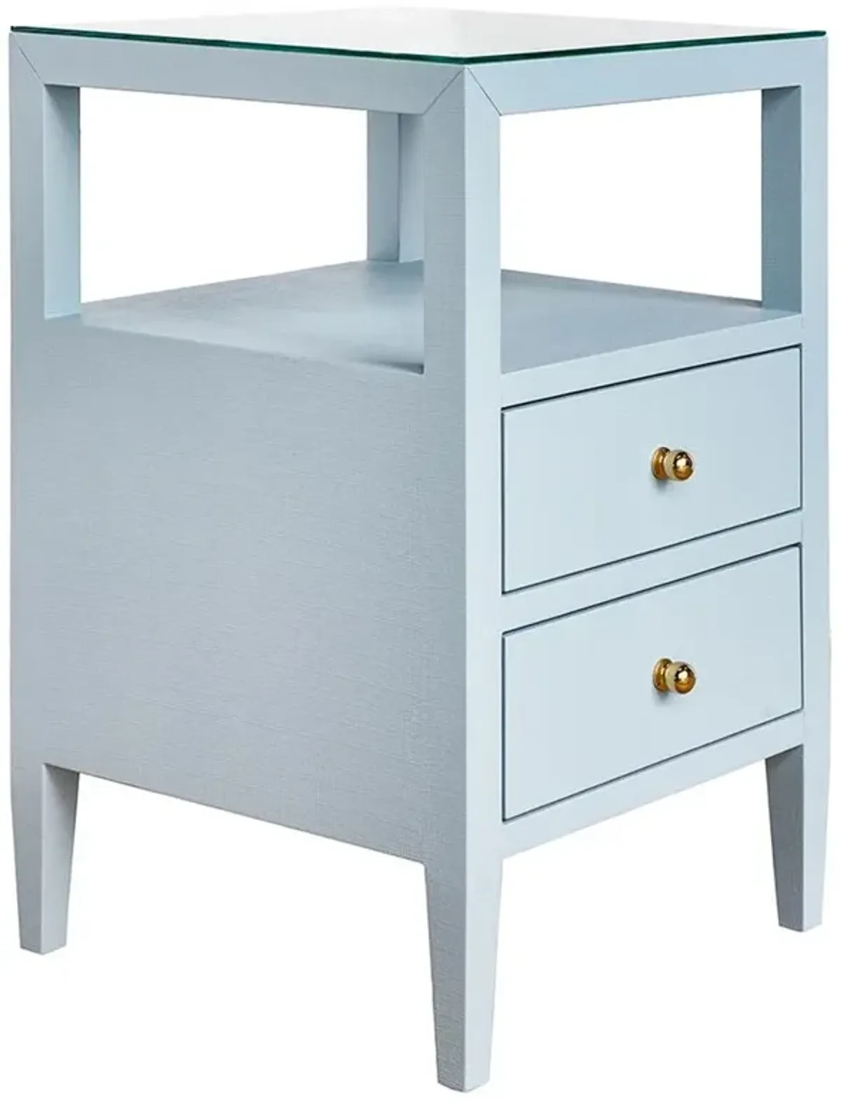 Worlds Away Roscoe Modern Glass Top Light Blue Linen Square Side Table