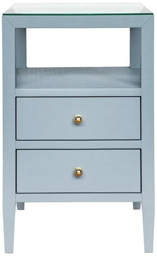 Worlds Away Roscoe Modern Glass Top Light Blue Linen Square Side Table