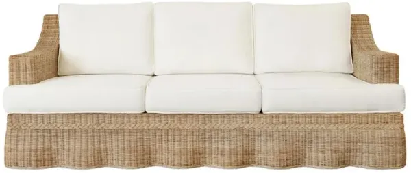 Worlds Away Daphne White Linen Natural Woven Rattan Scalloped Sofa - 86"W