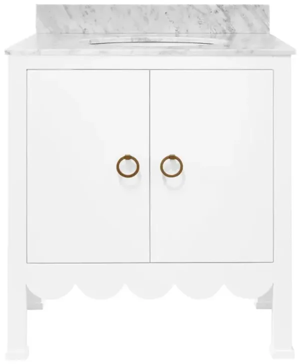 Worlds Away Kealey Modern Marble White Scalloped Wood Bath Vanity Sink - 31"