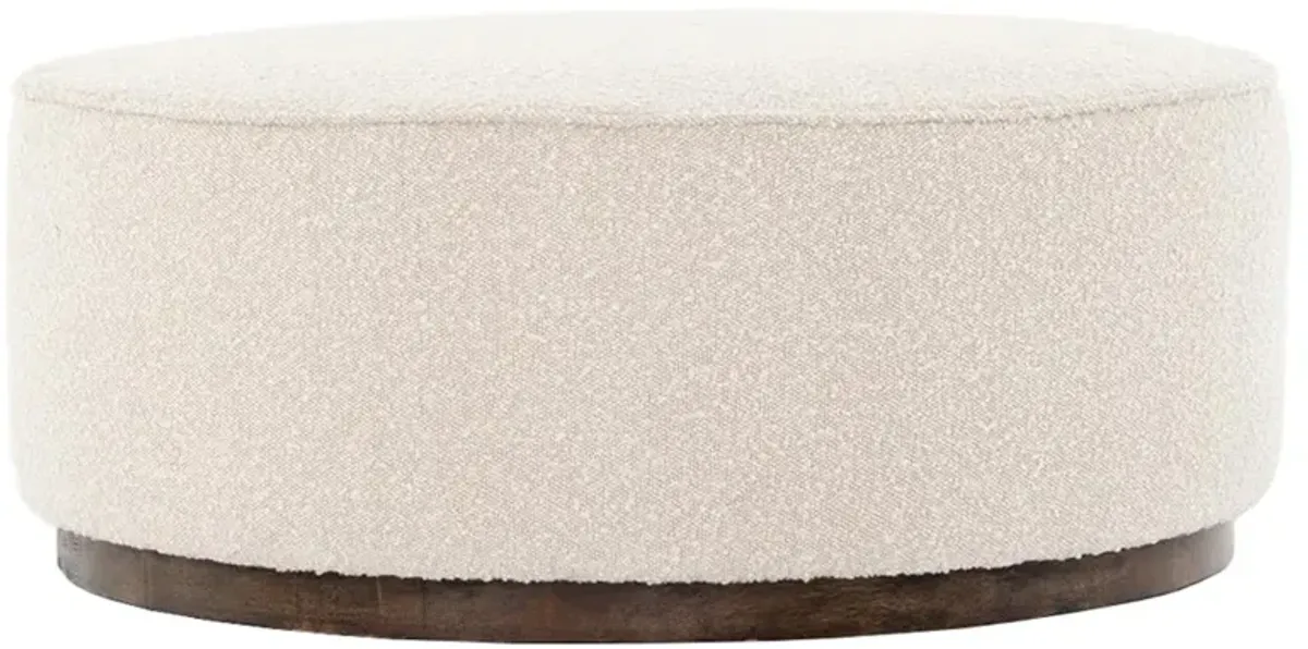 Open Box Leah Modern Classic Beige Boucle Upholstered Brown Wood Round Ottoman - Large