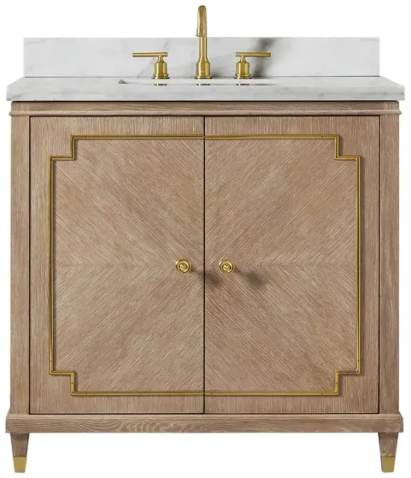 Natasha Modern Classic White Marble Brown Oak Wood Vanity Sink - 36"