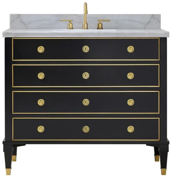 Cecile Modern Classic Black Wood White Marble Top Brass Vanity Sink - 42"