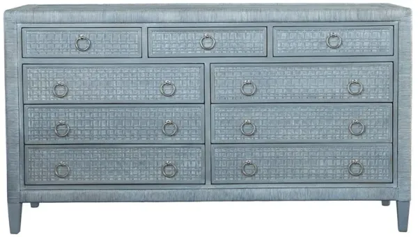 Kalea Coastal Beach Blue Woven Rattan 9 Drawer Dresser