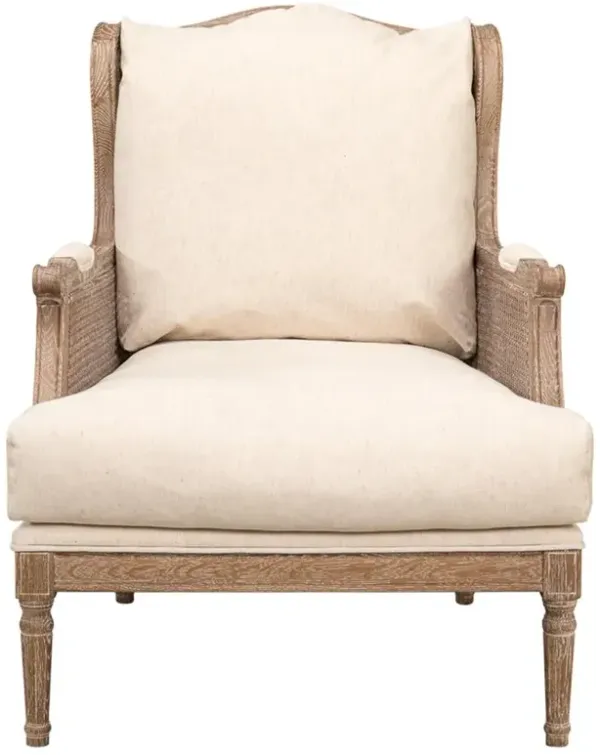 Allison French Country Cream Upholstered Brown Oak Woven Cane Wing Chair