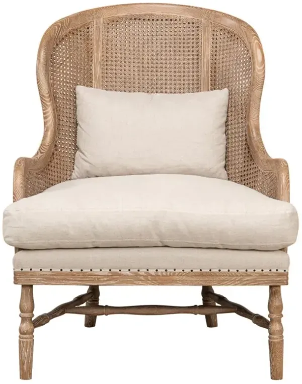 Rudolph Coastal Beige Upholstered Linen Brown Oak Woven Cane Wing Chair