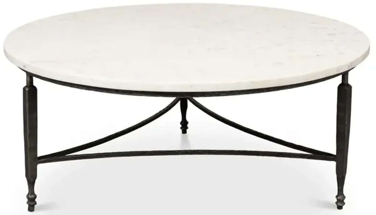 Elise French Country White Marble Black Iron Round Coffee Table