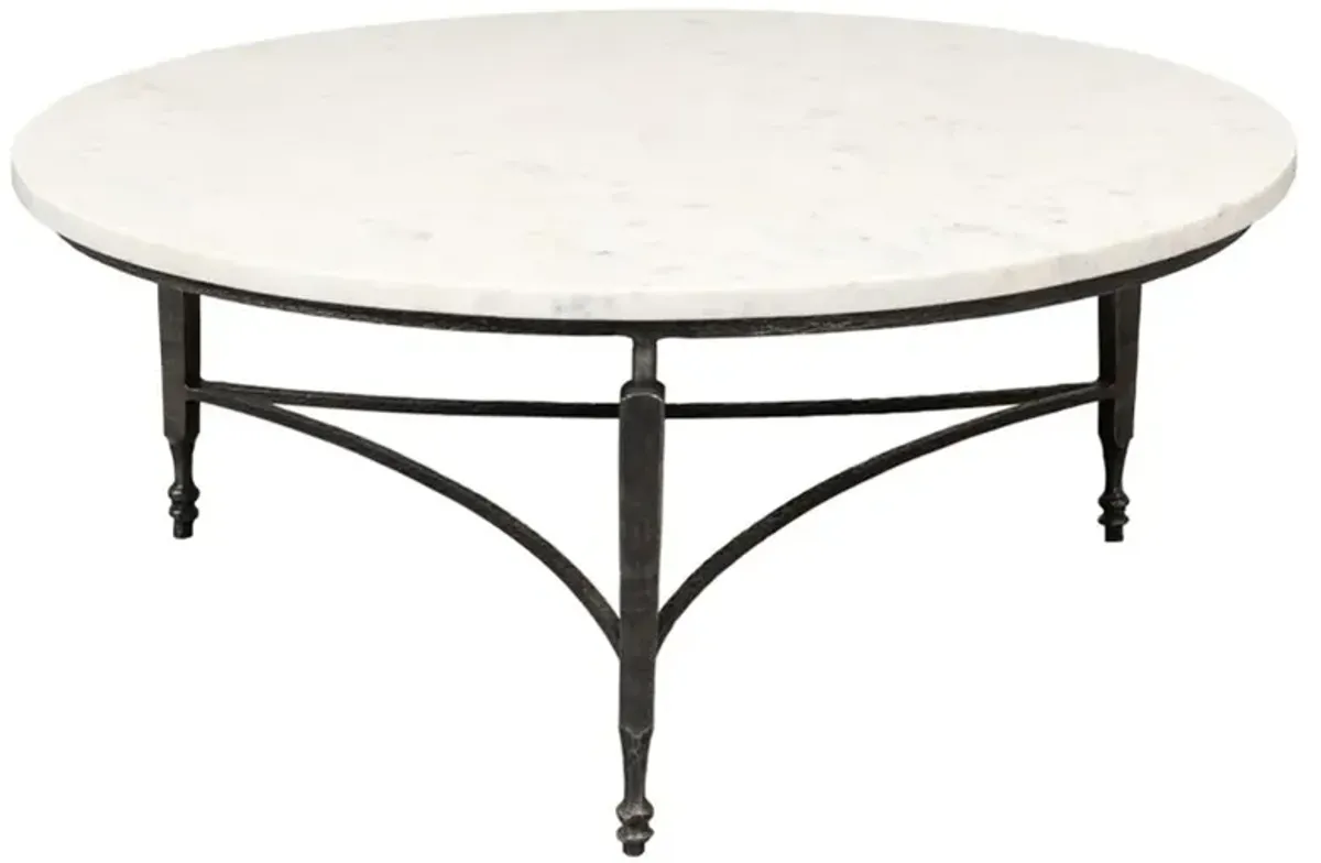 Elise French Country White Marble Black Iron Round Coffee Table
