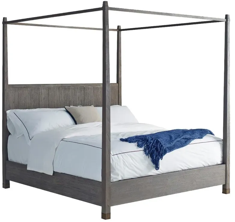Brooklyn Rustic Lodge Grey Teak Wood Antique Brass Footed Canopy Bed - Cal King