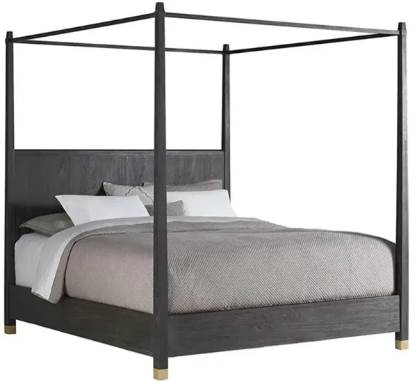 Brooklyn Rustic Dark Brown Teak Wood Antique Brass Footed Canopy Bed - Queen