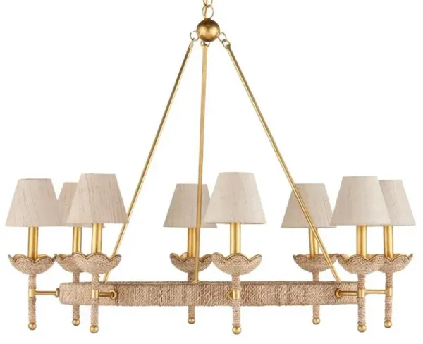 Bellatrix French Country Natural Woven Abaca Gold Iron Chandelier
