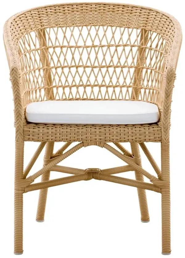 Anne Coastal White Cushion Natural Faux Rattan Woven Outdoor Dining Arm Chair