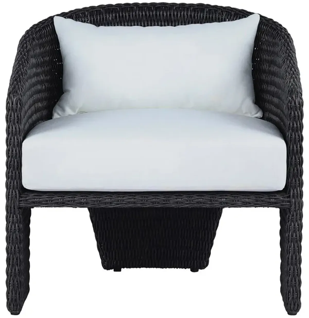 Fara Coastal Beach White Upholstered Black Woven Wicker Outdoor Lounge Arm Chair
