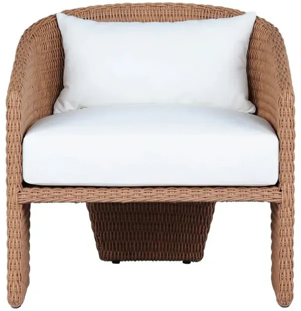 Fara Coastal Beach White Upholstered Brown Woven Wicker Outdoor Lounge Arm Chair