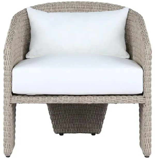 Fara Coastal Beach White Upholstered Beige Woven Wicker Outdoor Lounge Arm Chair