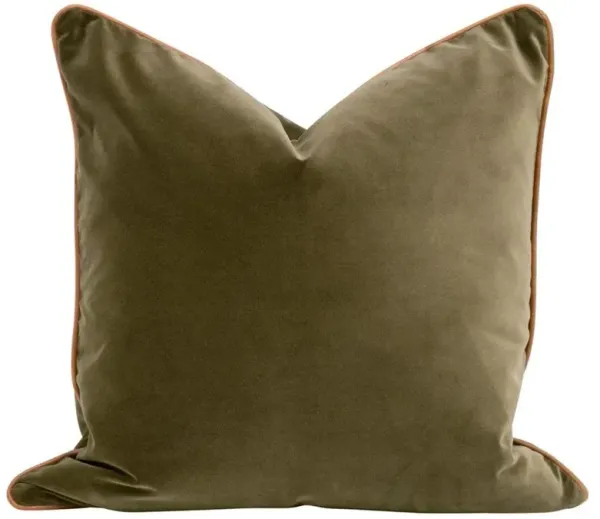 Bradley Modern Classic Olive Velvet Brown Leather Piping Throw Pillows - Set of 2