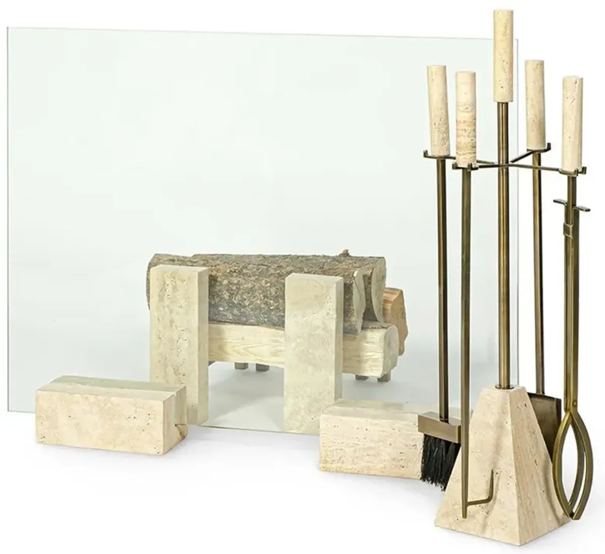 Palecek Cordell Natural Travertine Stone Brass Iron 4 Piece Fireplace Tool Set