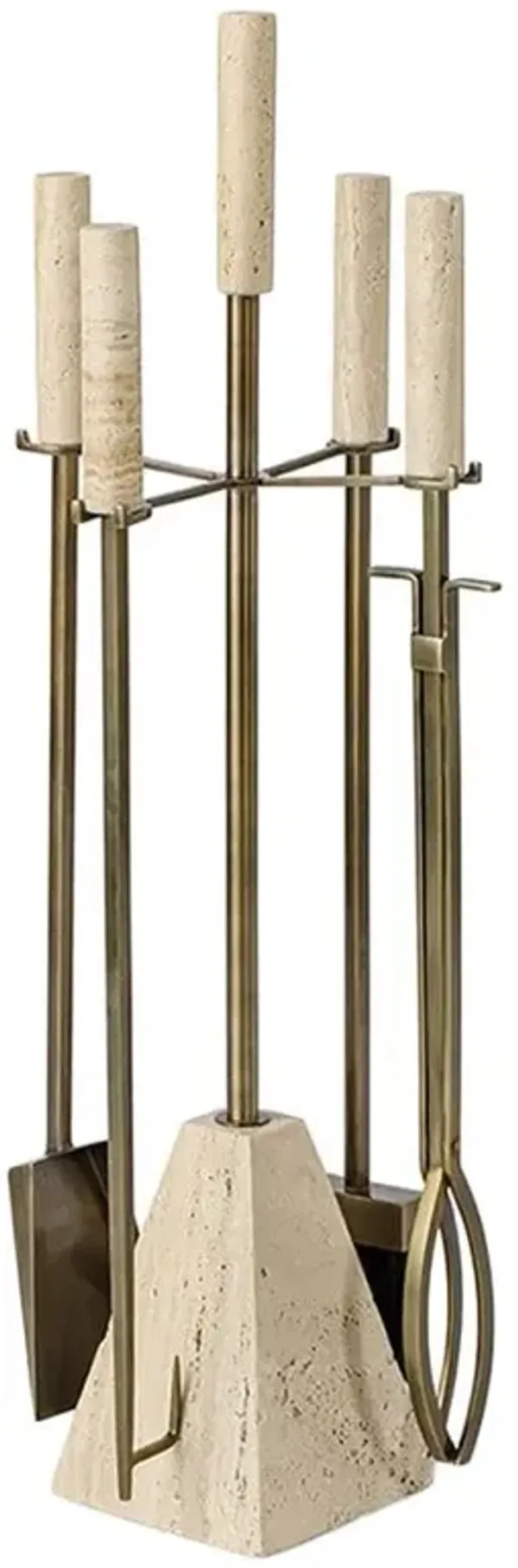 Palecek Cordell Natural Travertine Stone Brass Iron 4 Piece Fireplace Tool Set