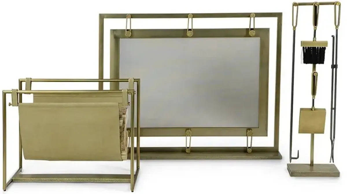 Palecek Lancaster Natural Leather Antique Brass 4 Piece Fireplace Tool Set