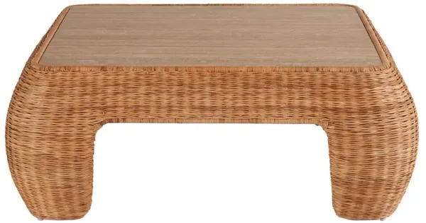 Carter Coastal Beach Brown Travertine Natural Woven Rattan Square Coffee Table