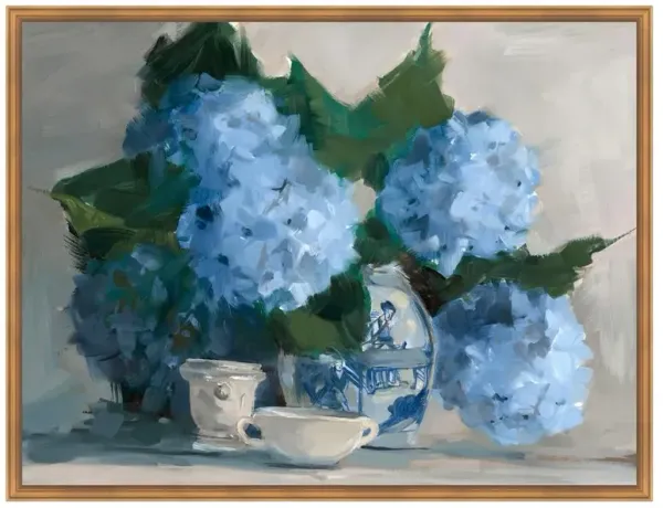 Maraha French Blue Hydrangea Floral & Botanical Gold Frame Painting - 40x52