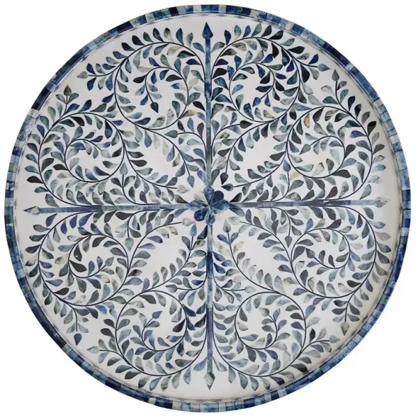 Adeline French Country Blue Floral Bone White Resin Round Decorative Tray