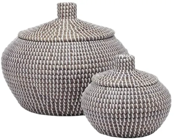 Pigeon and Poodle Roslyn White Woven Grey Seagrass Round Basket - Set of 2