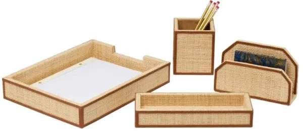 Pigeon and Poodle Hanford Natural Raffia Saddle Leather 4 Piece Letter Tray Set