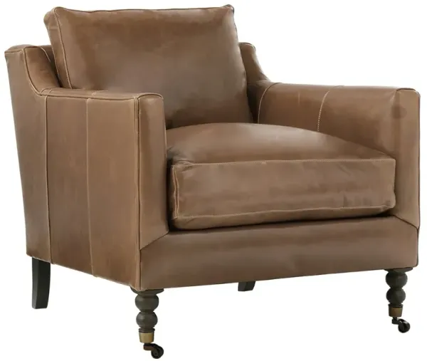 Madeline French Country Cocoa Brown Upholstered Leather Casters Arm Chair