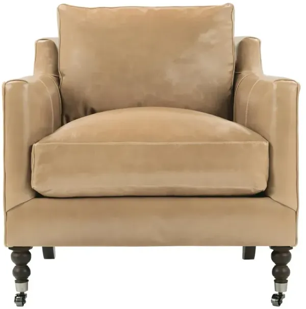 Madeline French Country Butterscoth Brown Upholstered Leather Casters Arm Chair