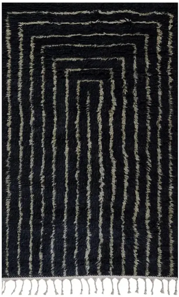 Nicholas Global Bazaar Navy Wool Linear Patterned Shag Rug - 5'x8'