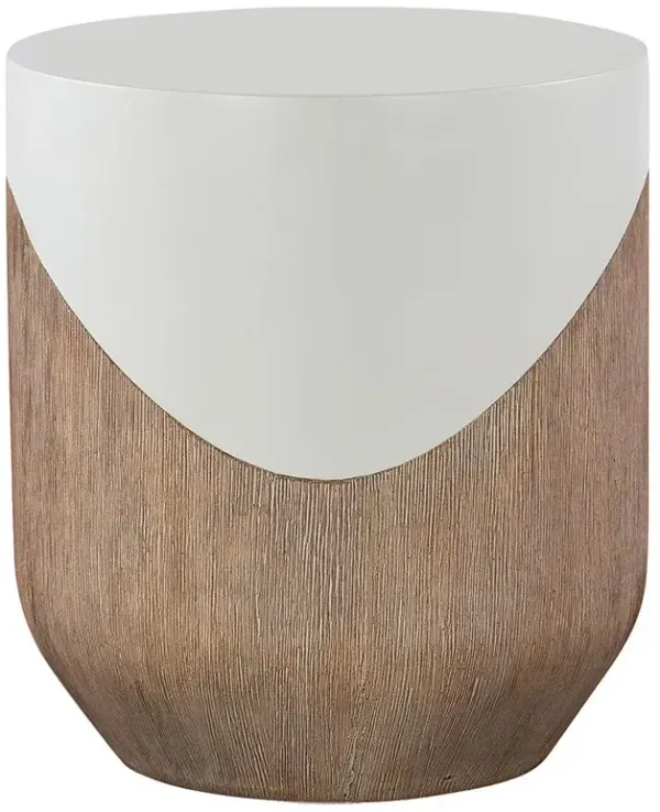 Century Danny Modern White Concrete Natural Wood Round Outdoor Side Table