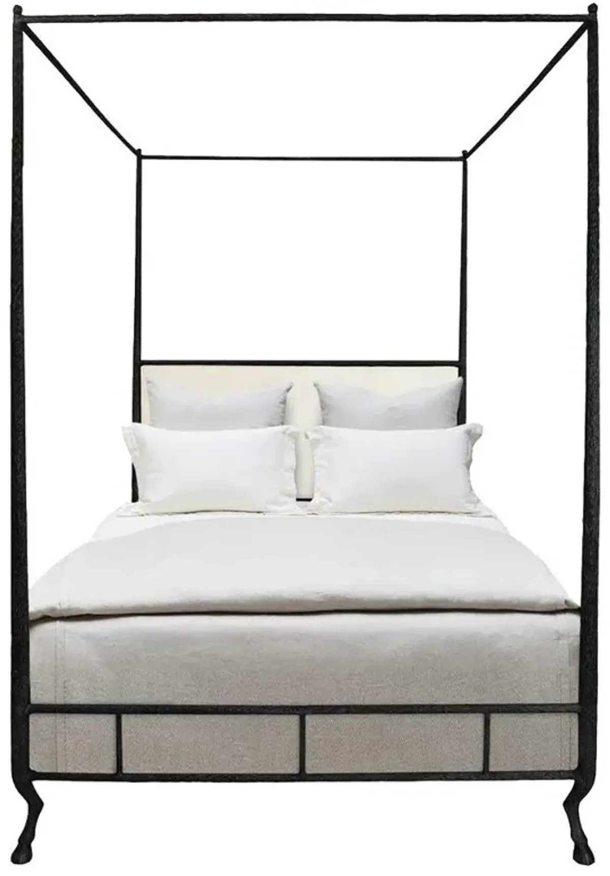 Faun White Upholstered Leather Antiqued Bronze Canopy Bed - East King