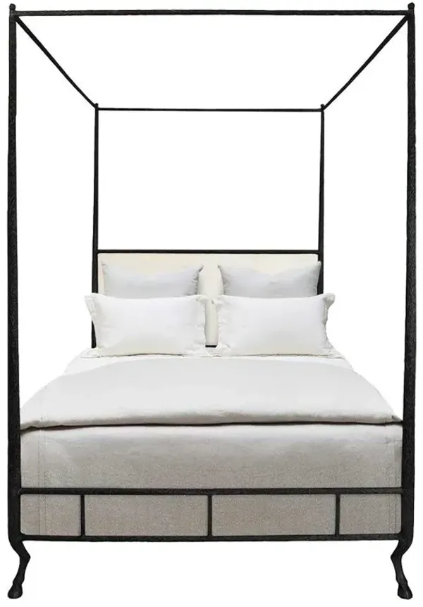Faun White Upholstered Leather Antiqued Bronze Canopy Bed - Cal King