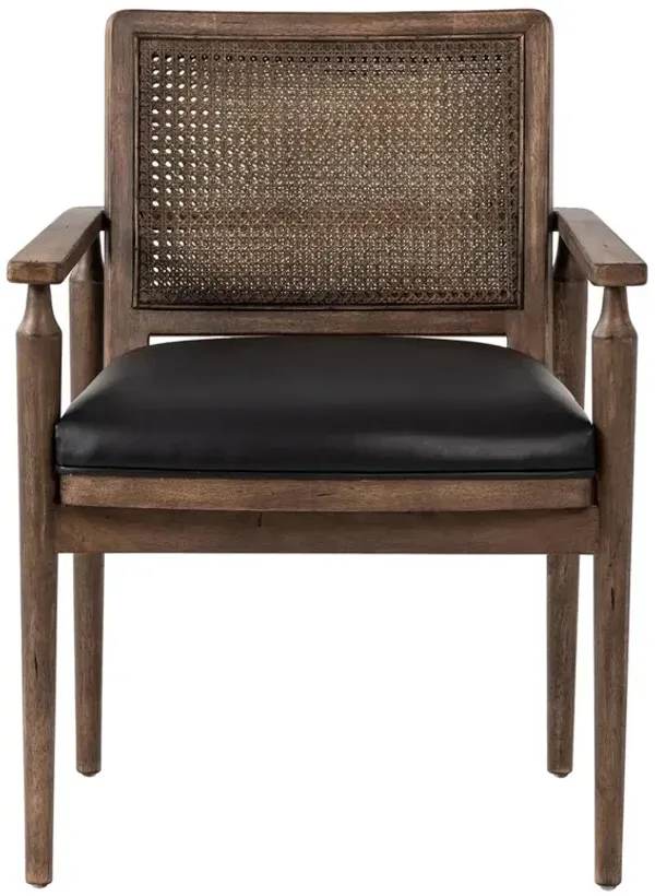 Xander Rustic Lodge Brown Woven Cane Black Upholstered Leather Dining Arm Chair