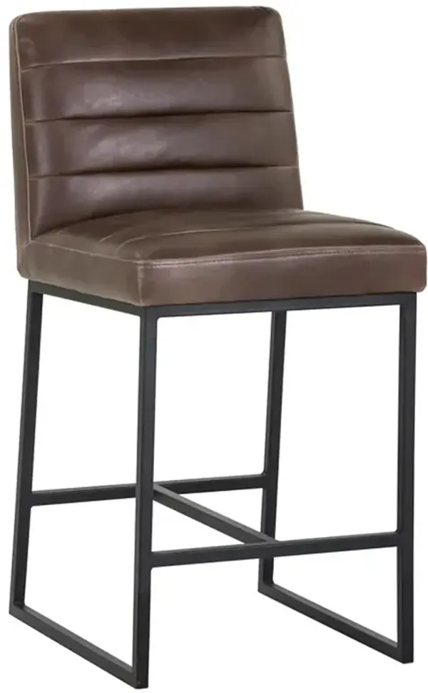 Schwartz Industrial Dark Brown Faux Leather Black Iron Counter Stool