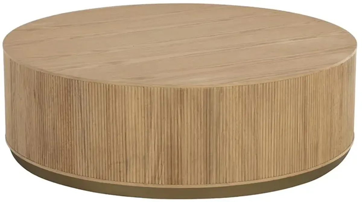 Palmerston Modern Natural Oak Brushed Gold Steel Round Drum Coffee Table