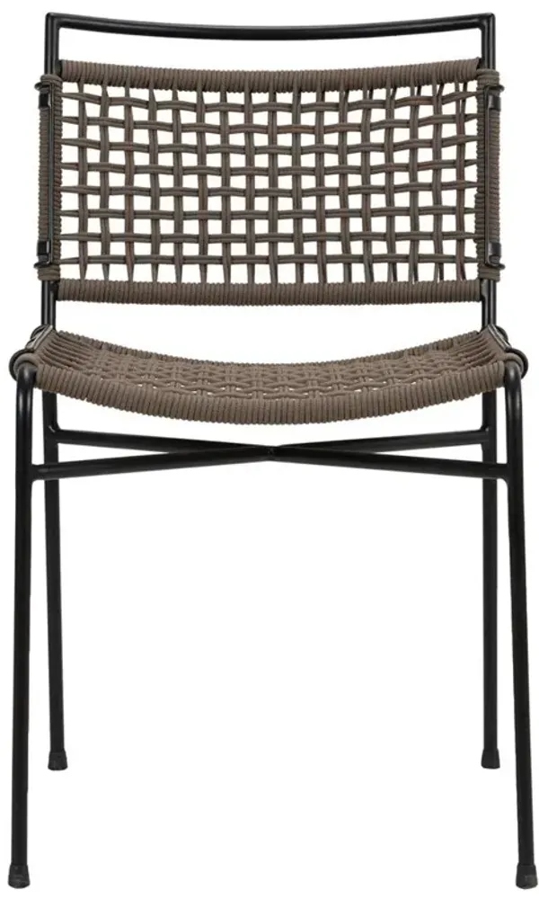 Burton Coastal Beach Brown Woven Rope Black Iron Outdoor Dining Side Chair