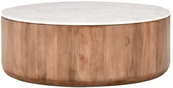 Suzie Coastal Beach White Marble Brown Mango Wood Round Drum Coffee Table