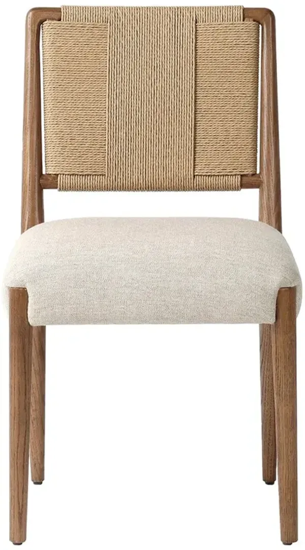 Ronan Coastal Beige Upholstered Seat Woven Rush Brown Oak Wood Dining Side Chair