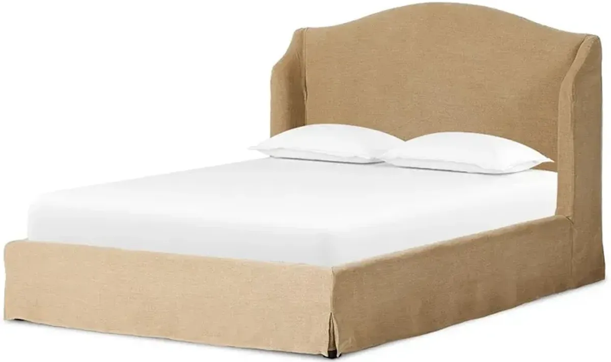 Maddie Modern Beige Upholstered Linen Slipcovered Wingback Bed - Queen