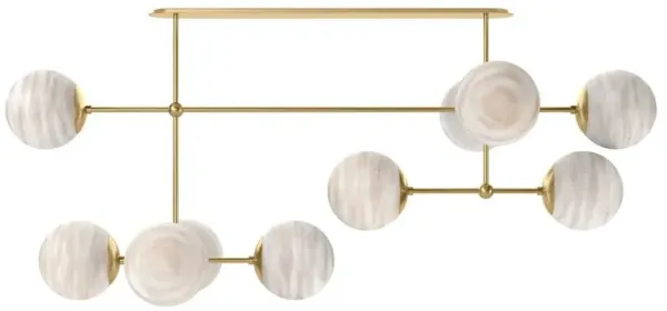 Schwung Armstrong Modern Burnished Brass Marble White Globe Linear Chandelier