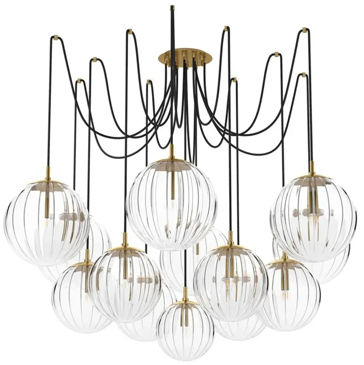 Schwung Spider Modern Ribbon Glass Globe Burnished Brass Chandelier