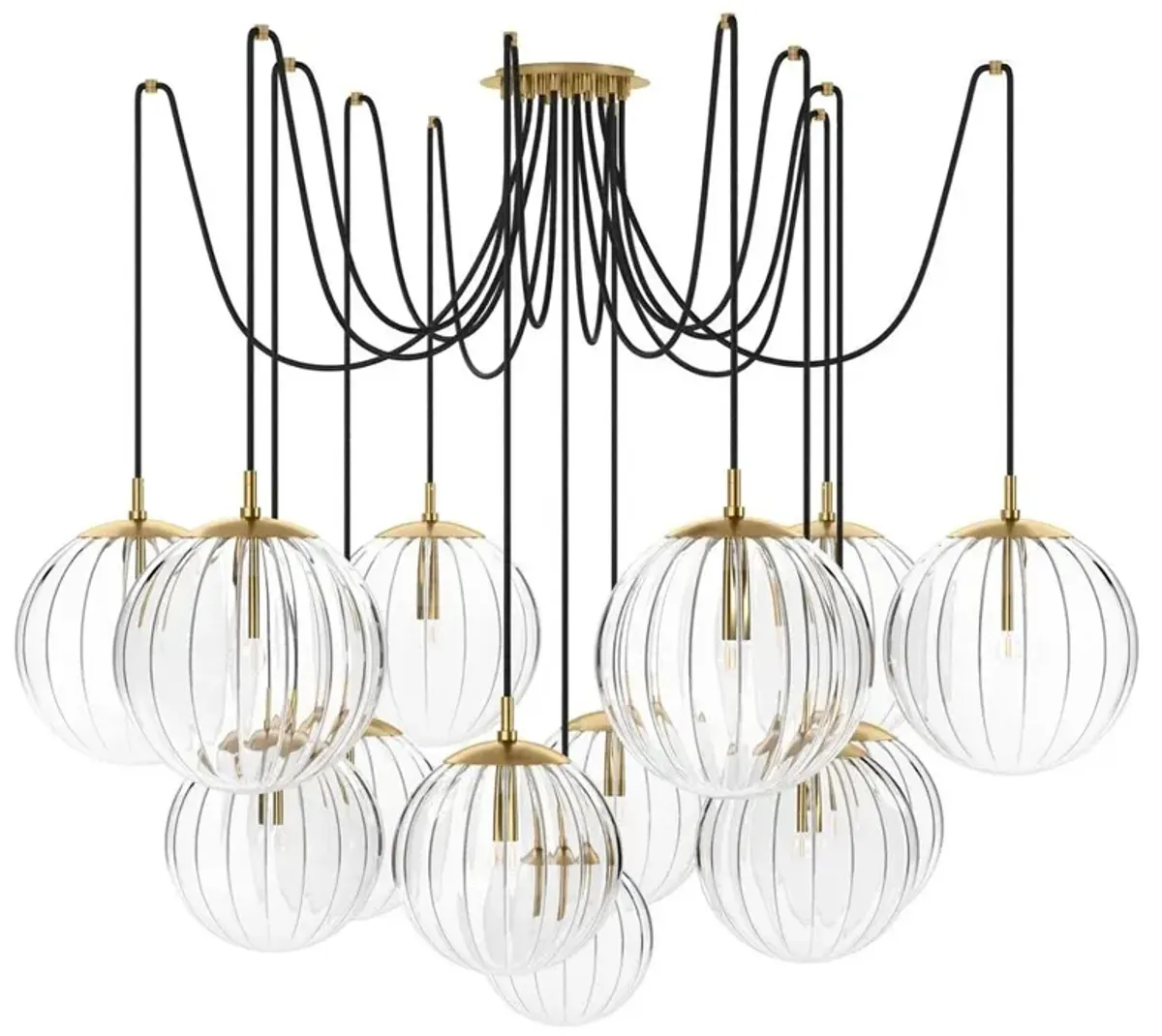 Schwung Spider Modern Ribbon Glass Globe Burnished Brass Chandelier