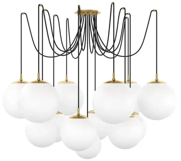 Schwung Spider Modern Matte White Globe Burnished Brass Chandelier