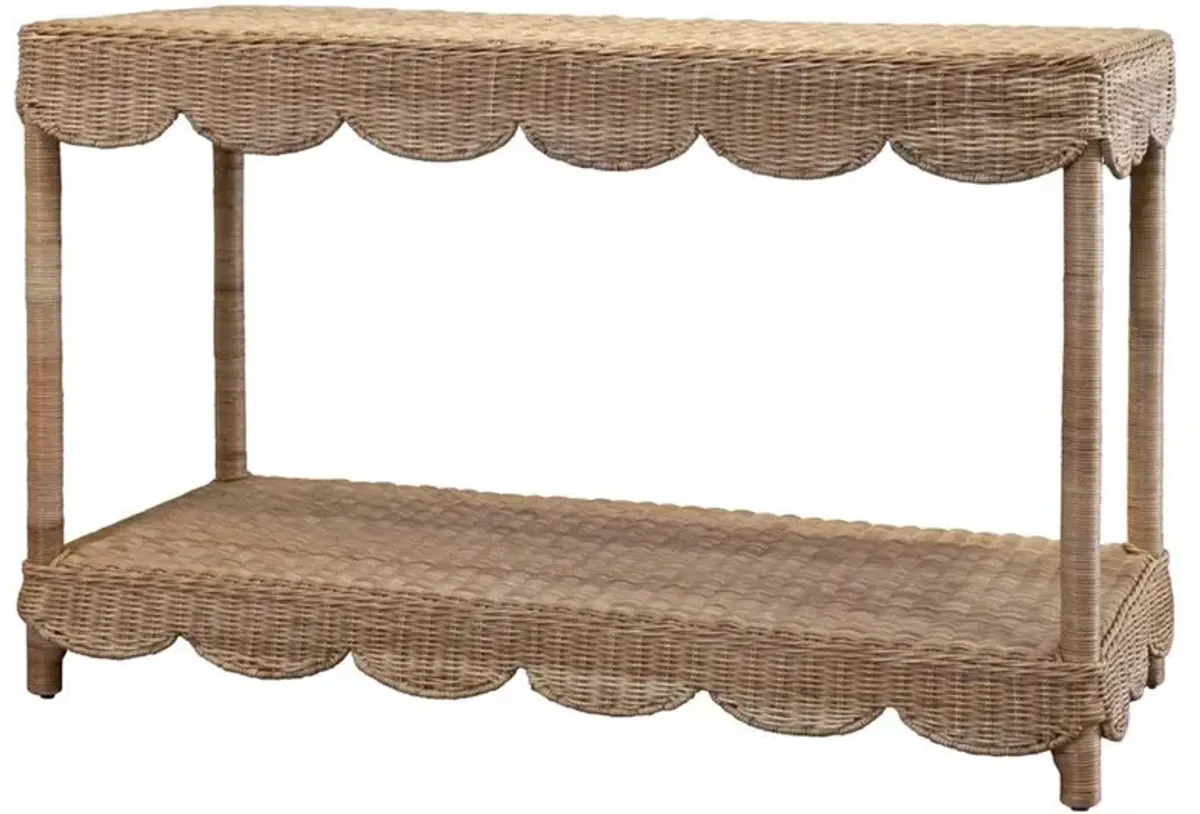 Valerie Coastal Beach Natural Handwoven Rattan Scalloped Console Table