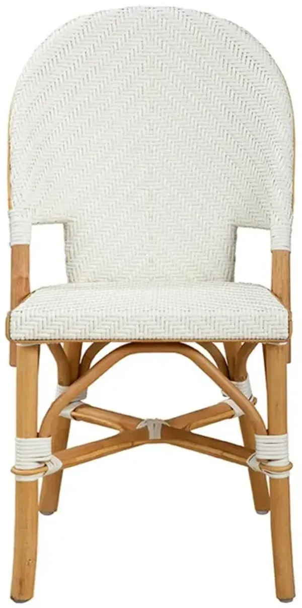 Julie Coastal Beach White Woven Rattan Natural Wood Dining Side Chair