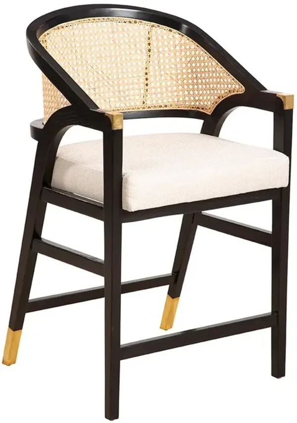 Rocky Coastal Cream Linen Woven Cane Black Wood Counter Stool